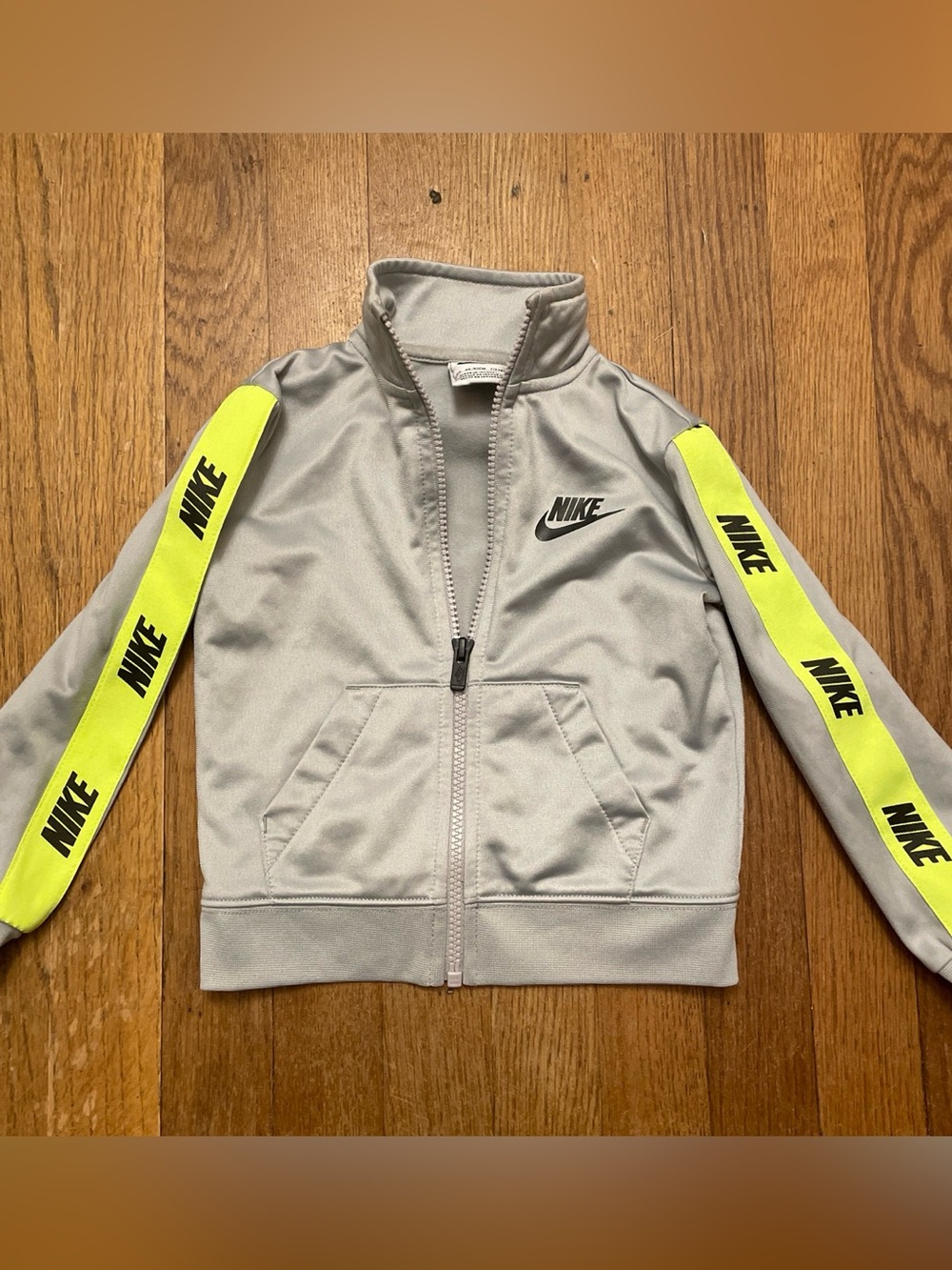 Nike Kids Light Gray Track Jacket with Neon Yellow Sleeve Stripes